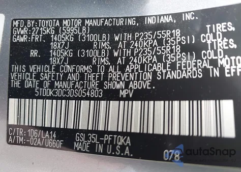 2013 Toyota Sienna Limited 7 Passenger z USA, uszkodzony, nr VIN 5TDDK3DC3DS054803